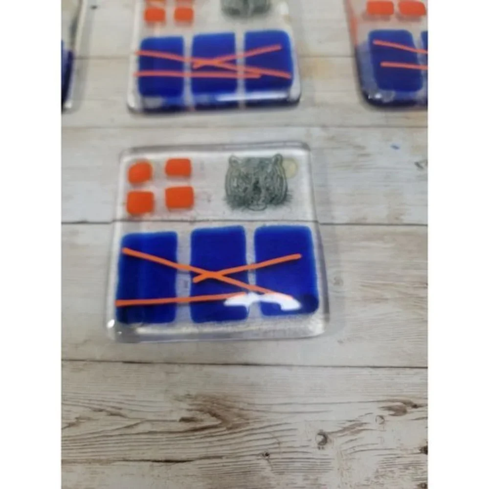 Lot of 7 Art Glass Drink Coasters Orange Blue Geometric‎ Tiger Stamped MCM Pads